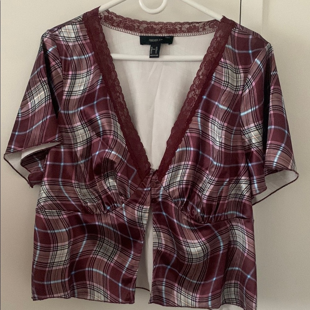 Forever 21 Burgundy and White Plaid Blouse